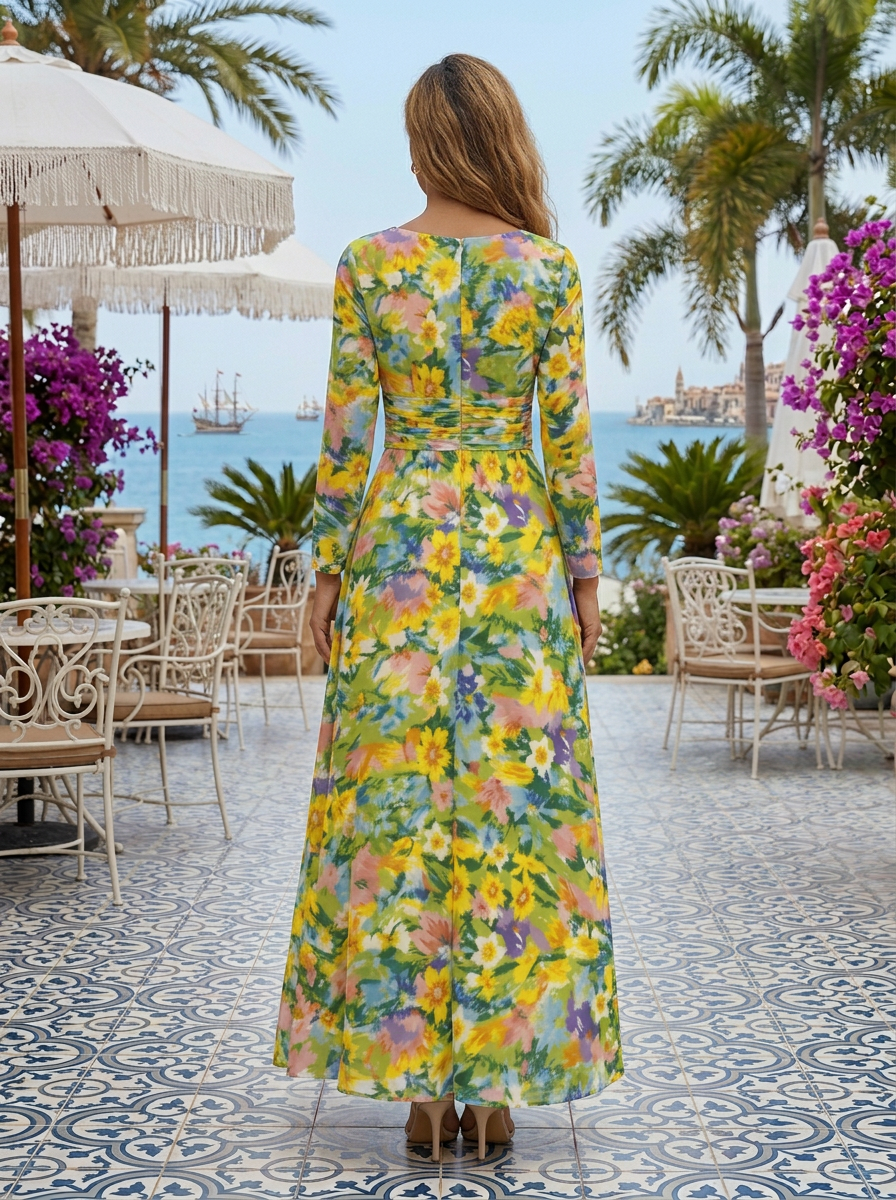 Green Floral Chiffon V Neck Long Sleeve A-Line Floor-length Gown Dress
