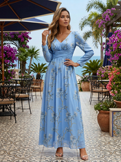 Light Blue Floral Chiffon V Neck Long Sleeve A-Line Floor-length Gown Dress