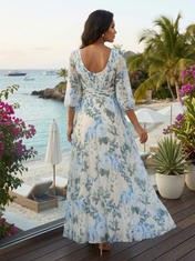 White Floral Chiffon V Neck Three-Quarter Sleeve A-Line Floor-length Gown Dress