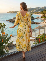 Yellow Floral Chiffon V Neck Three-Quarter Sleeve A-Line Floor-length Gown Dress