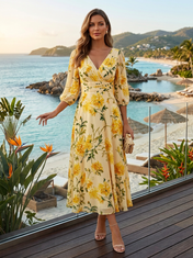 Yellow Floral Chiffon V Neck Three-Quarter Sleeve A-Line Floor-length Gown Dress