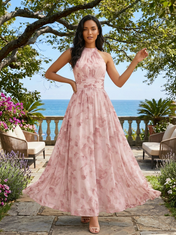 Dusty Pink Floral Chiffon Halter Neck Sleeveless A-Line Floor-length Gown Dress