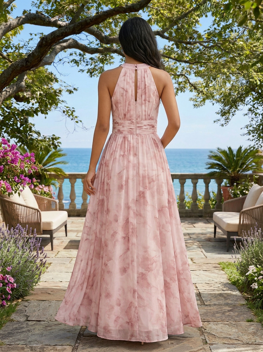 Dusty Pink Floral Chiffon Halter Neck Sleeveless A-Line Floor-length Gown Dress