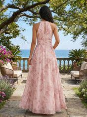 Dusty Pink Floral Chiffon Halter Neck Sleeveless A-Line Floor-length Gown Dress