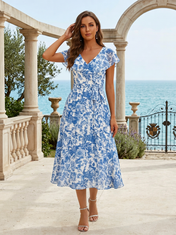Royal Blue Floral Chiffon V Neck Short Flutter Sleeve A-Line Midi Dress