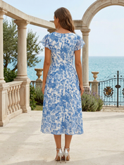 Royal Blue Floral Chiffon V Neck Short Flutter Sleeve A-Line Midi Dress