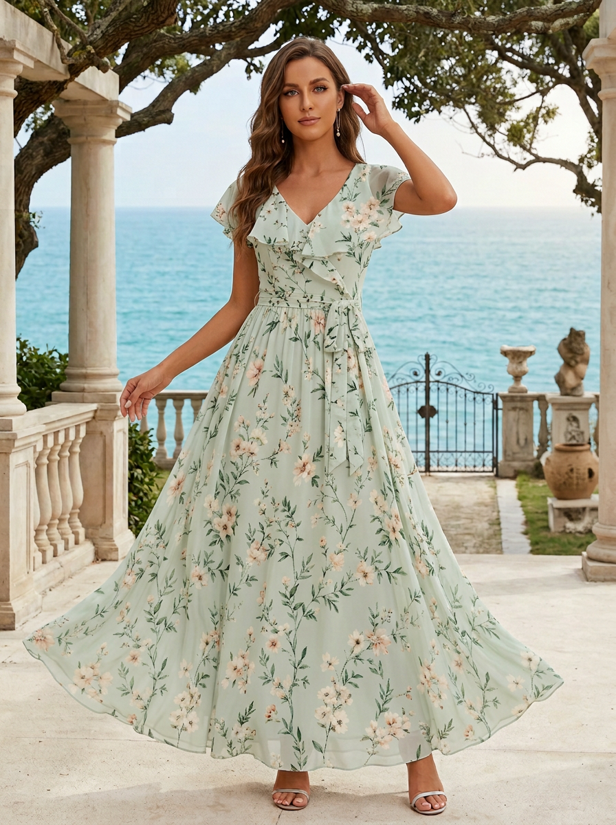 Green Floral Chiffon V Neck Short Flutter Sleeve A-Line Floor-length Gown Dress
