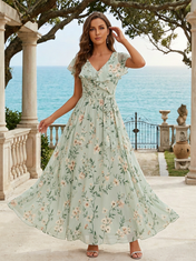 Green Floral Chiffon V Neck Short Flutter Sleeve A-Line Floor-length Gown Dress