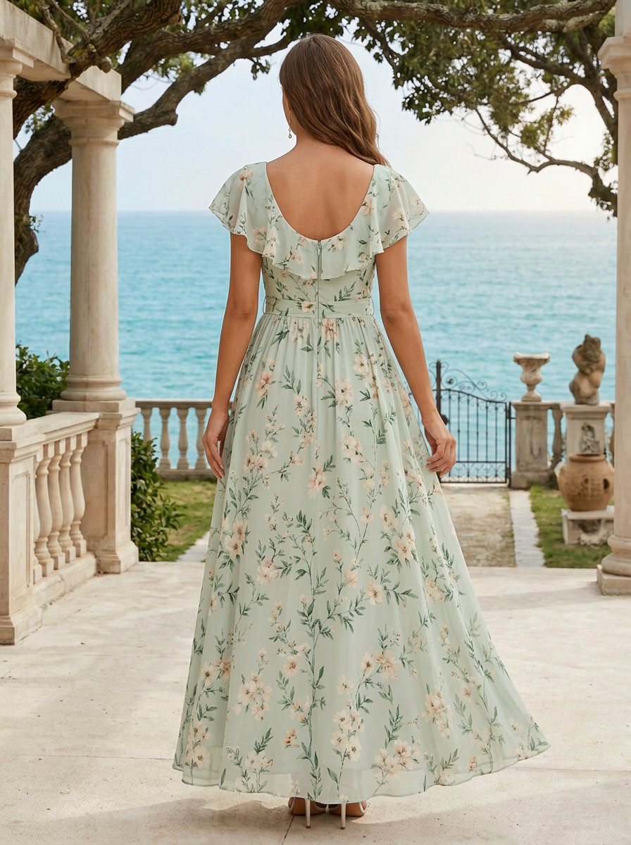 Green Floral Chiffon V Neck Short Flutter Sleeve A-Line Floor-length Gown Dress
