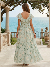 Green Floral Chiffon V Neck Short Flutter Sleeve A-Line Floor-length Gown Dress