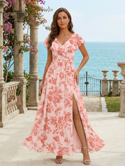 Pink Floral Chiffon V Neck Short Flutter Sleeve High Slit A-Line Floor-length Gown Dress
