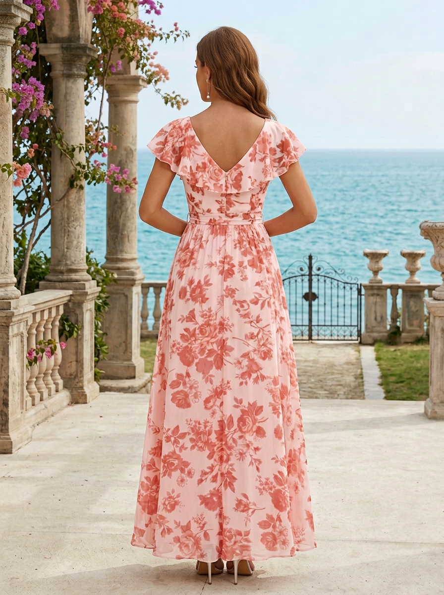 Pink Floral Chiffon V Neck Short Flutter Sleeve High Slit A-Line Floor-length Gown Dress
