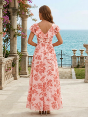 Pink Floral Chiffon V Neck Short Flutter Sleeve High Slit A-Line Floor-length Gown Dress