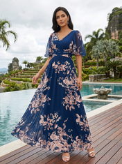 Navy Blue Floral Chiffon V Neck Short Flutter Sleeve A-Line Floor-length Gown Dress