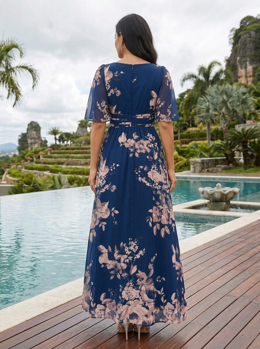 Navy Blue Floral Chiffon V Neck Short Flutter Sleeve A-Line Floor-length Gown Dress