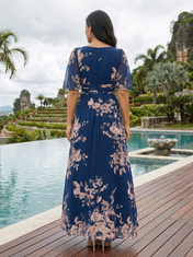 Navy Blue Floral Chiffon V Neck Short Flutter Sleeve A-Line Floor-length Gown Dress