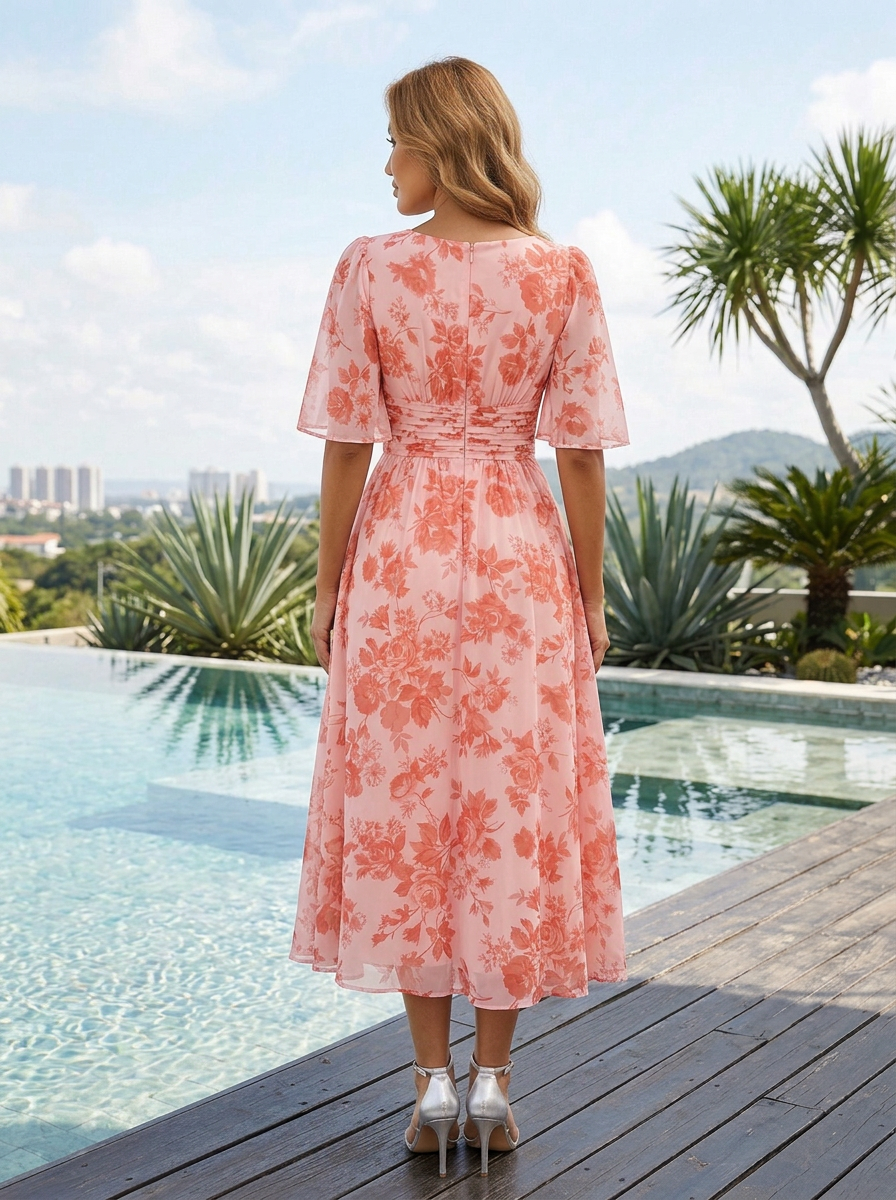 Pink Floral Chiffon V Neck Short Flutter Sleeve A-Line Midi Dress