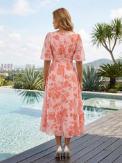 Pink Floral Chiffon V Neck Short Flutter Sleeve A-Line Midi Dress
