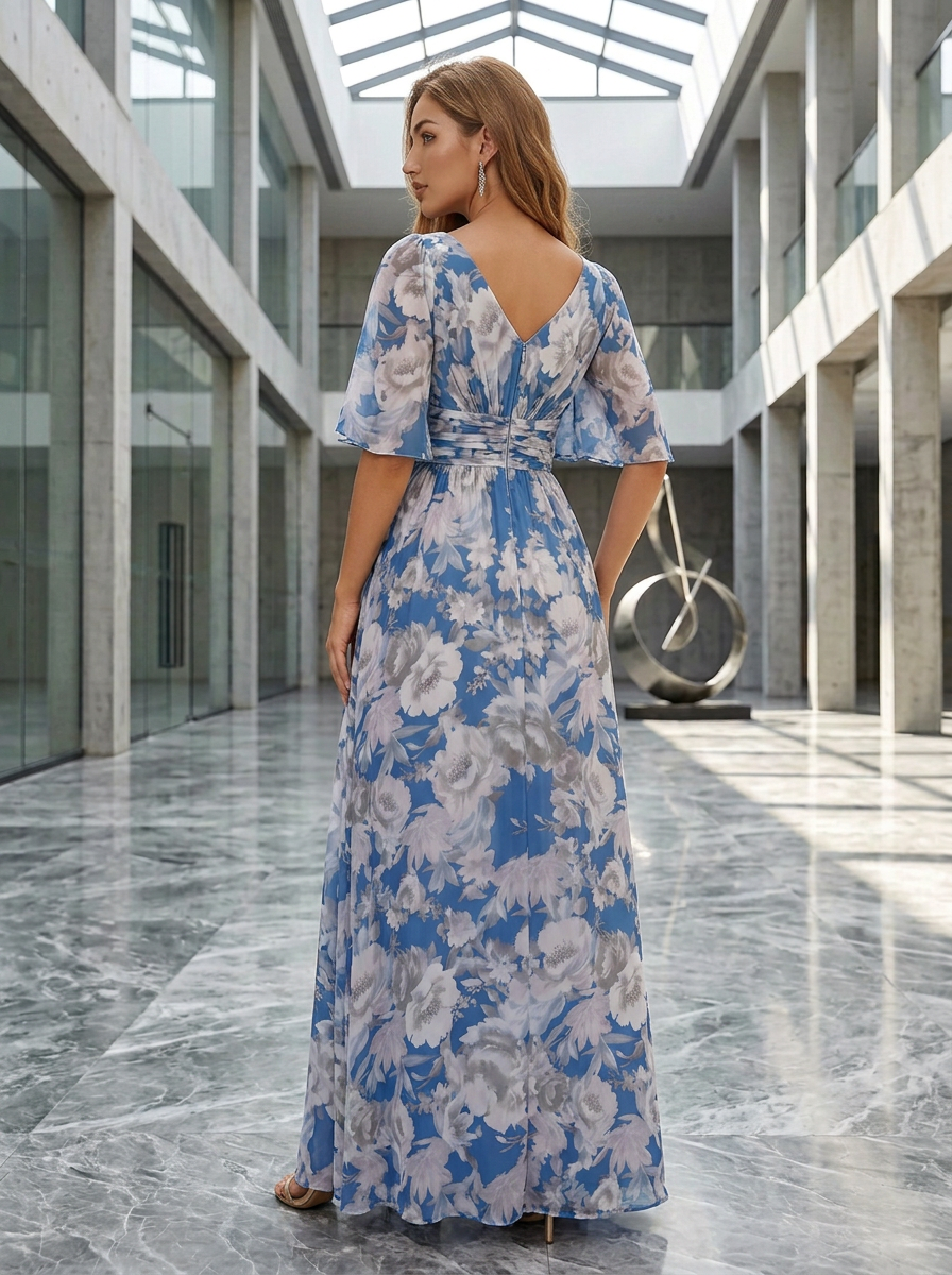 Blue Floral Chiffon V Neck Short Flutter Sleeve High Slit A-Line Floor-length Gown Dress