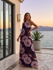 Dark Purple Floral Pleated Chiffon Halter Neck Sleeveless Floor-length Gown Dress