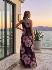 Dark Purple Floral Pleated Chiffon Halter Neck Sleeveless Floor-length Gown Dress