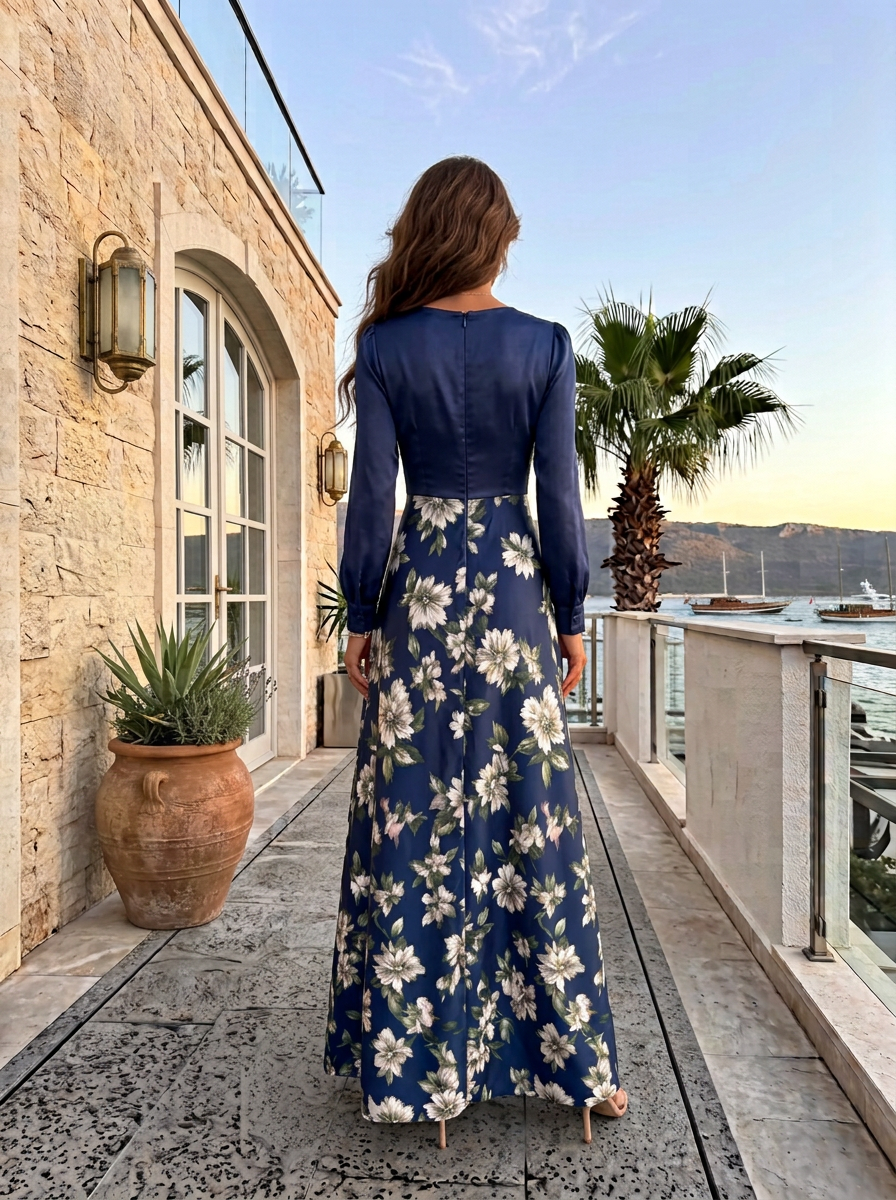 Navy Blue Floral Satin V Neck Long Sleeve A-Line Floor-length Gown Dress