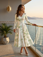 Sage Green Floral Satin V Neck Long Sleeve A-Line Midi Dress