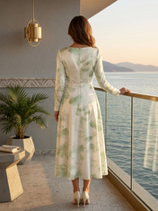 Sage Green Floral Satin V Neck Long Sleeve A-Line Midi Dress