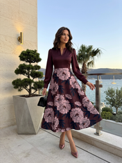 Dark Purple Floral Satin V Neck Long Sleeve A-Line Midi Dress