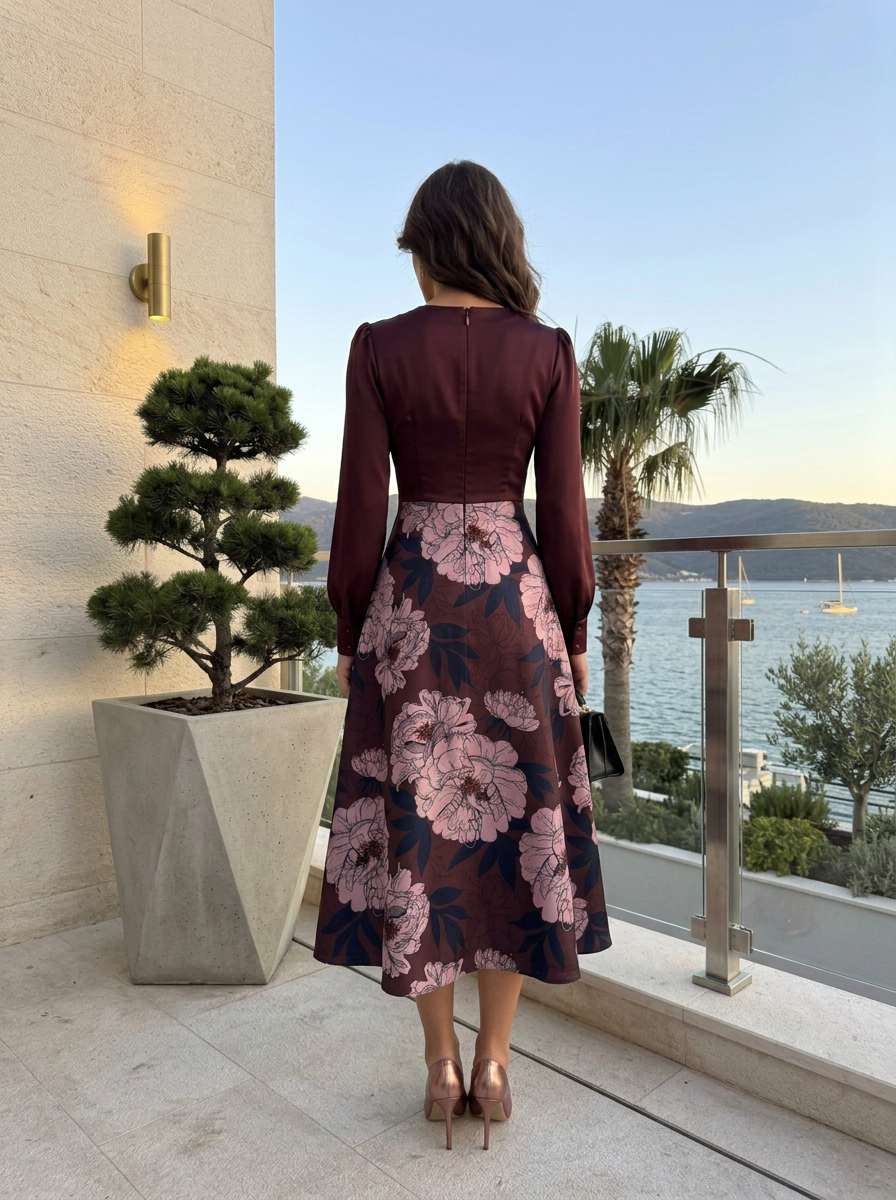 Dark Purple Floral Satin V Neck Long Sleeve A-Line Midi Dress
