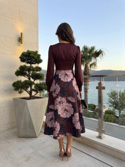 Dark Purple Floral Satin V Neck Long Sleeve A-Line Midi Dress