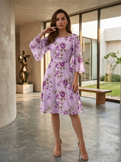 Lavender Floral Chiffon Boat Neck Bell Sleeve A-Line Midi Dress