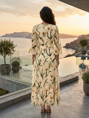 Beige Floral Chiffon Boat Neck Bell Sleeve High Slit A-Line Floor-Length Gown Dress
