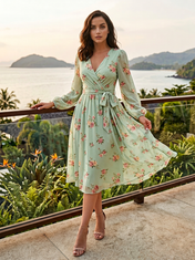 Sage Green Floral Chiffon V Neck Long Sleeve A-Line Midi Dress