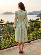 Sage Green Floral Chiffon V Neck Long Sleeve A-Line Midi Dress