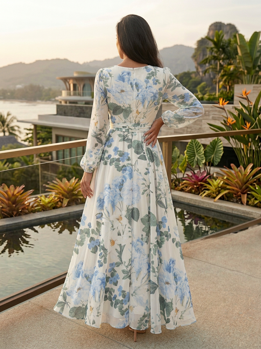 Light Blue Floral Chiffon V-Neck Long Sleeve High Slit A-Line Floor-Length Gown Dress