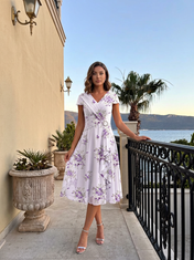 Light Purple Floral Chiffon V Neck Cap Sleeve A-Line Midi Dress