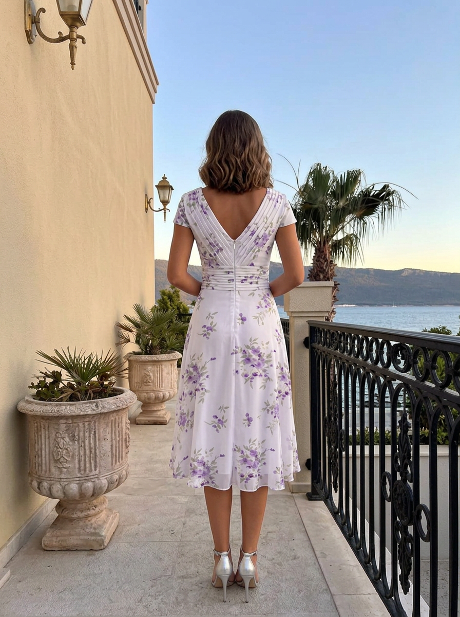 Light Purple Floral Chiffon V Neck Cap Sleeve A-Line Midi Dress