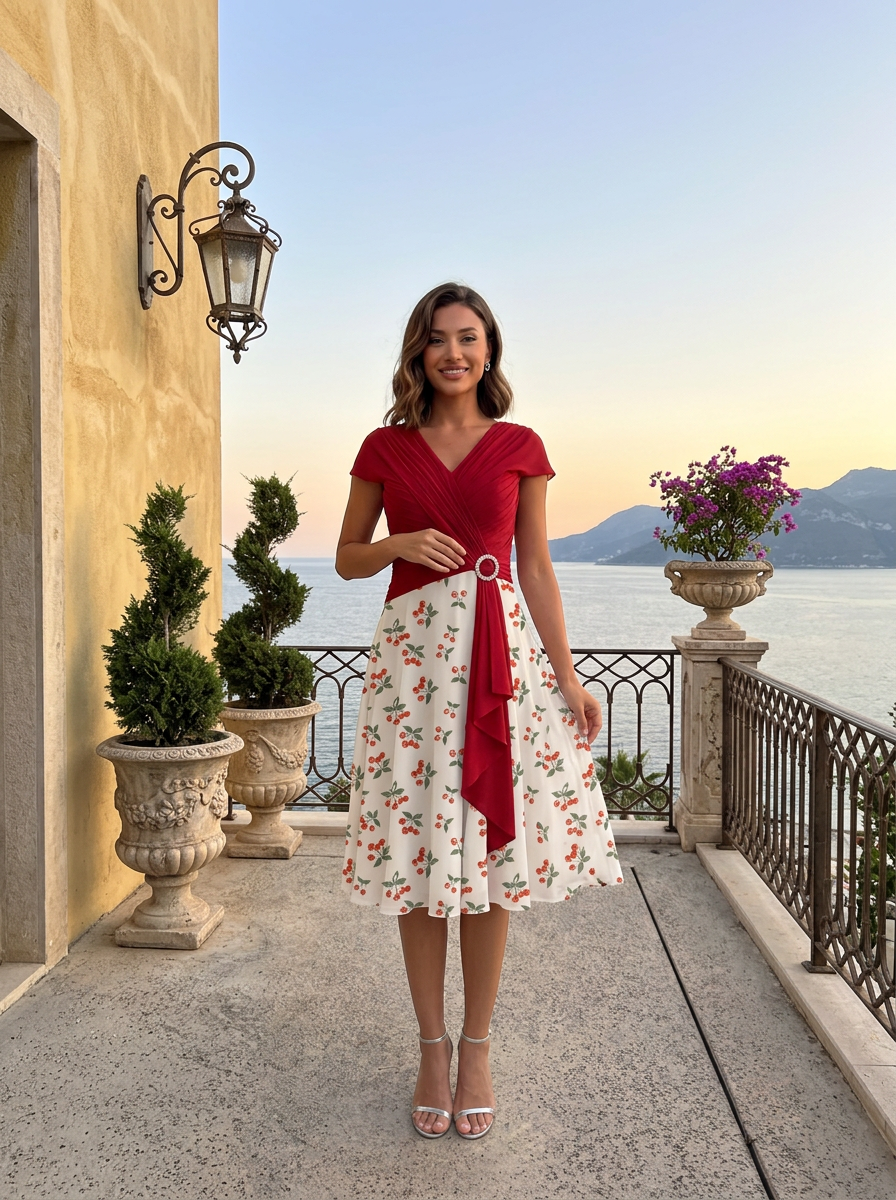 Red Cherry Print Chiffon V Neck Short Sleeve A-Line Gown Dress