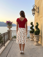 Red Cherry Print Chiffon V Neck Short Sleeve A-Line Gown Dress
