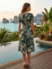 Dark Green Floral Chiffon V Neck Short Sleeve A-Line Midi Dress