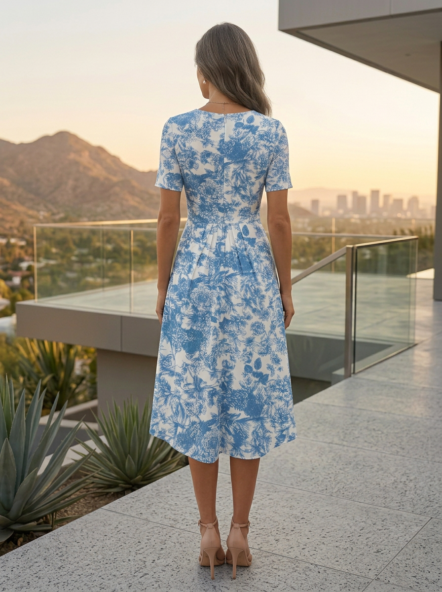 White Blue Floral Chiffon V Neck Short Sleeve A-Line Midi Dress