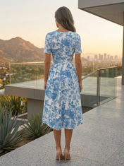 White Blue Floral Chiffon V Neck Short Sleeve A-Line Midi Dress