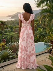 Light Pink Floral Chiffon V Neck Short Flutter Sleeve High Slit A-Line Floor-length Gown Dress