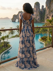 Navy Blue Floral Chiffon V-Neck Ruffled Cap Sleeve High Slit A-Line Floor-Length Gown Dress