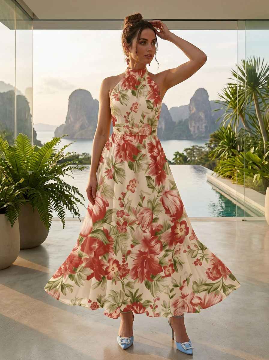 Red Floral Chiffon High Halter Neck Sleeveless A-Line Floor-Length Gown Dress