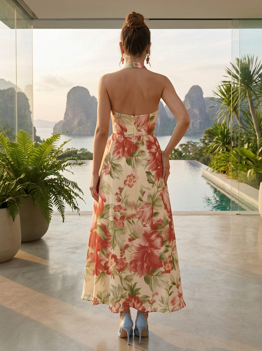 Red Floral Chiffon High Halter Neck Sleeveless A-Line Floor-Length Gown Dress