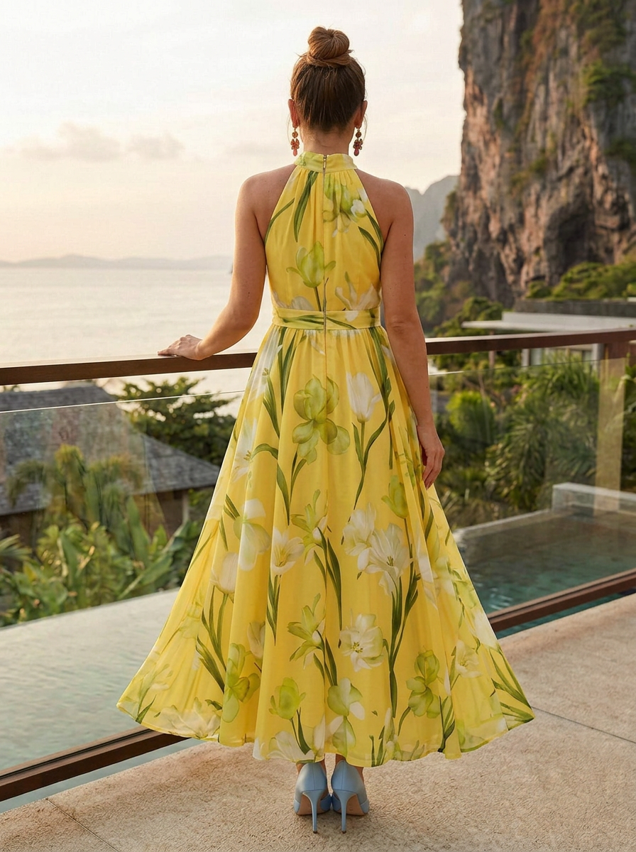 Yellow Floral Chiffon High Halter Neck Sleeveless A-Line Floor-Length Gown Dress