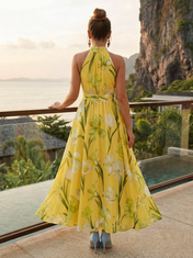 Yellow Floral Chiffon High Halter Neck Sleeveless A-Line Floor-Length Gown Dress