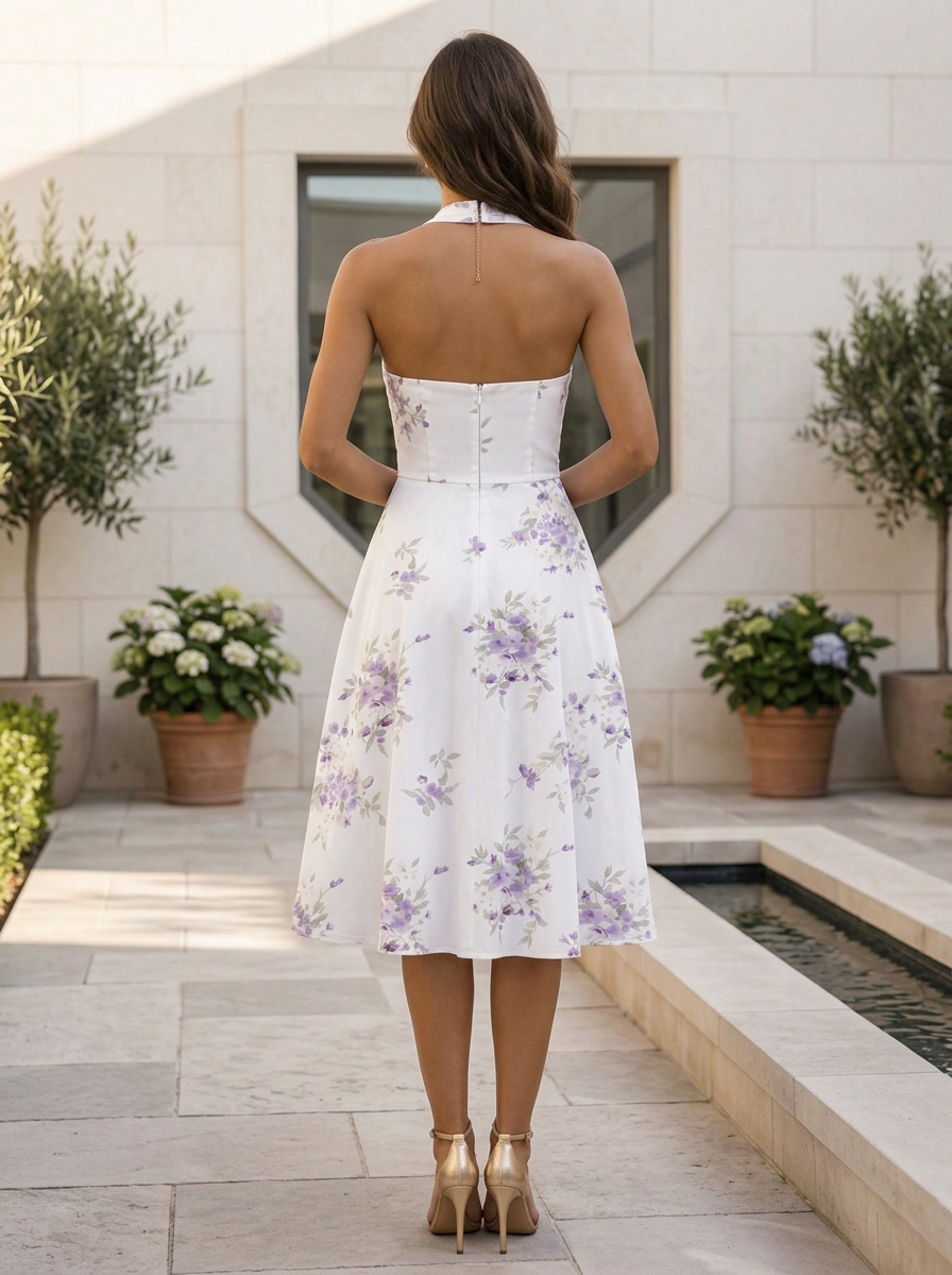 White Floral Chiffon High Halter Neck Sleeveless A-Line Midi-Length Gown Dress